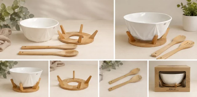White Ceramic Serving Bowl Set with Bamboo Stand & Utensils