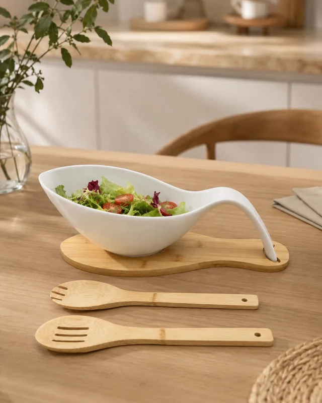 Elegant Ceramic Serving Bowl Set with natural bamboo base.