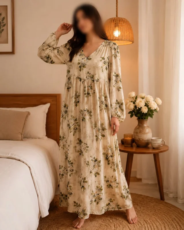 Elegant Free Size Women’s Floral Long Dress / Night Dress