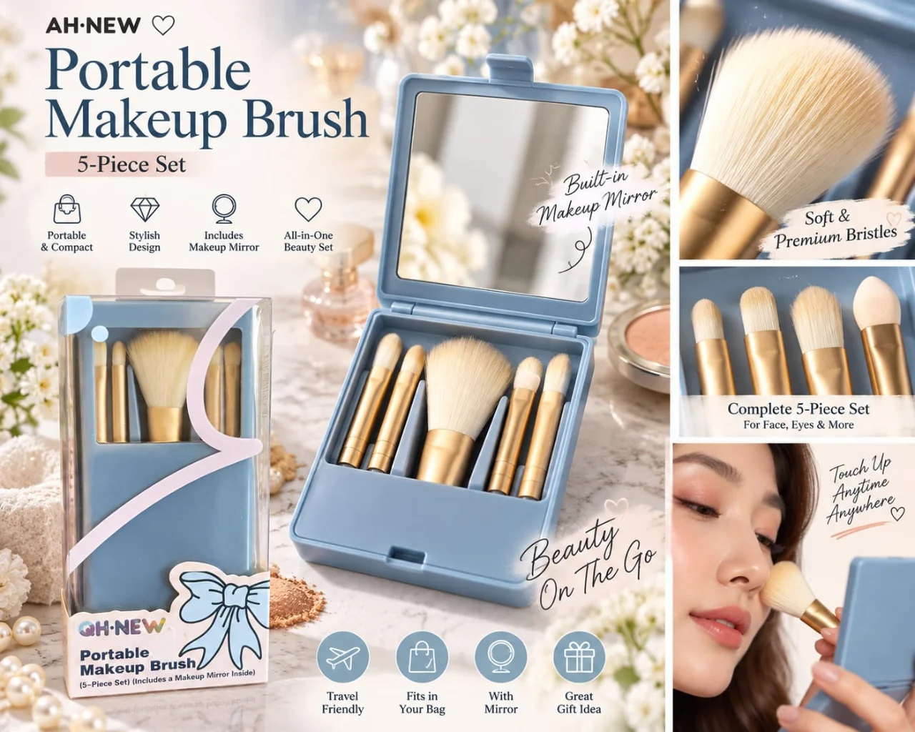 Portable 5-Piece Makeup Brush Set with Metal Case