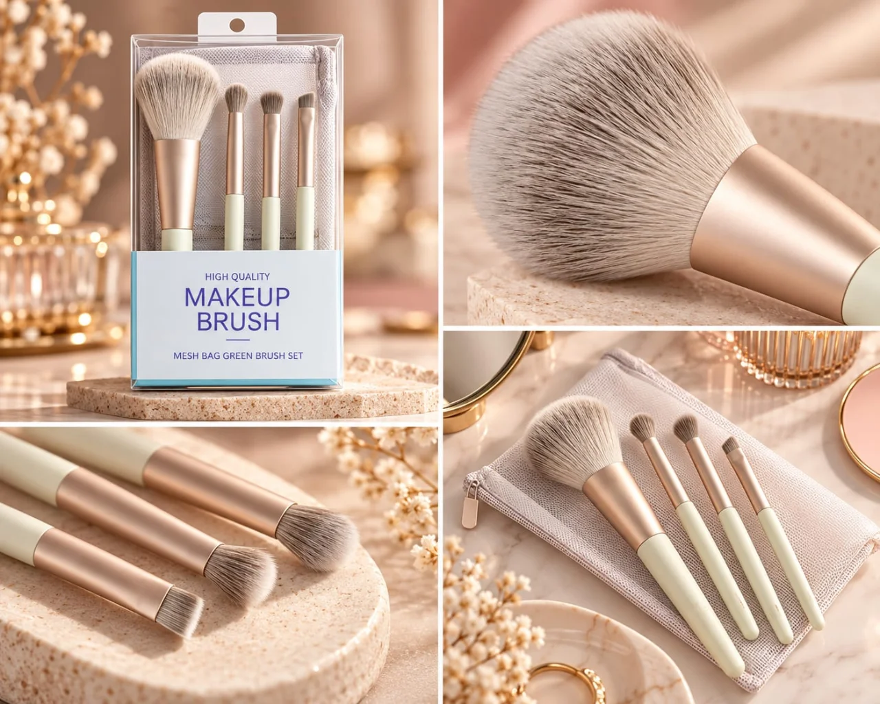 4-Piece Makeup Brush Set with Mesh Bag