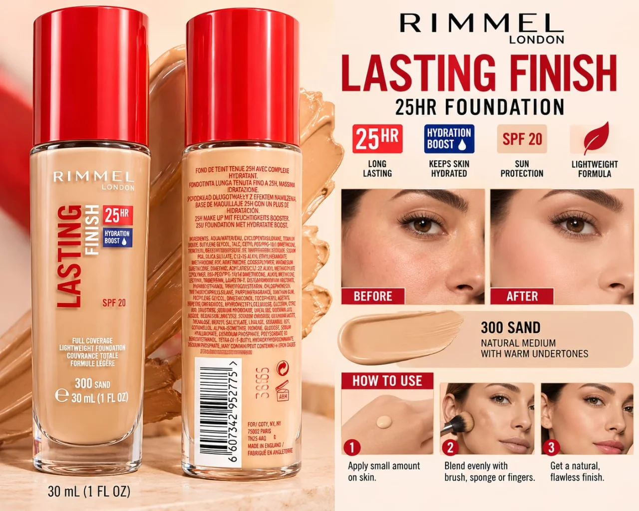 Rimmel London Lasting Finish 25HR Foundation – 300 Sand