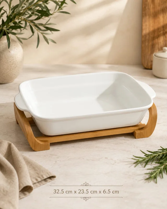 Elegant Ceramic Serving Dish with Bamboo Stand