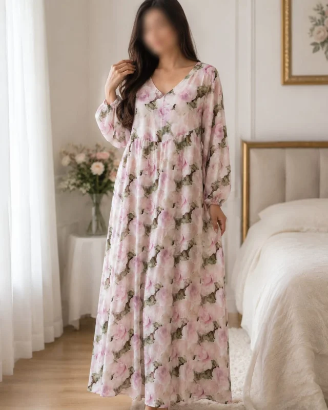 Elegant Free Size Women’s Floral Long Dress / Night Dress