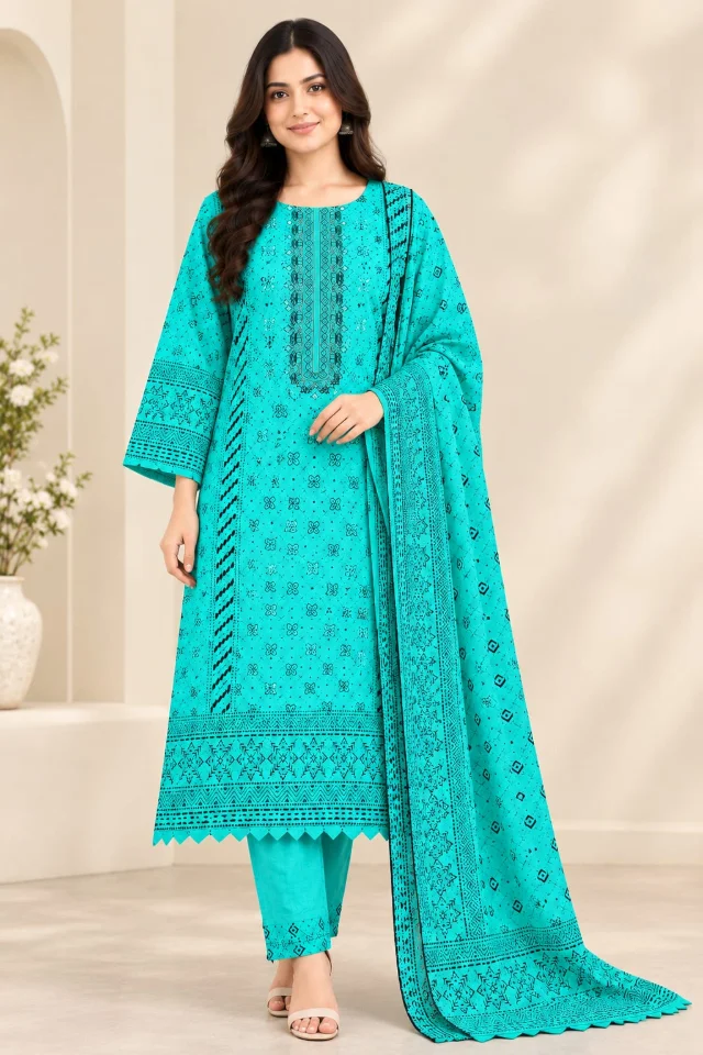 Turquoise Printed 3-Piece Suit