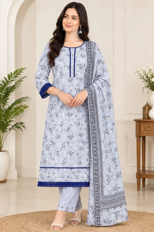 Light Blue Floral Lawn 3-Piece Suit