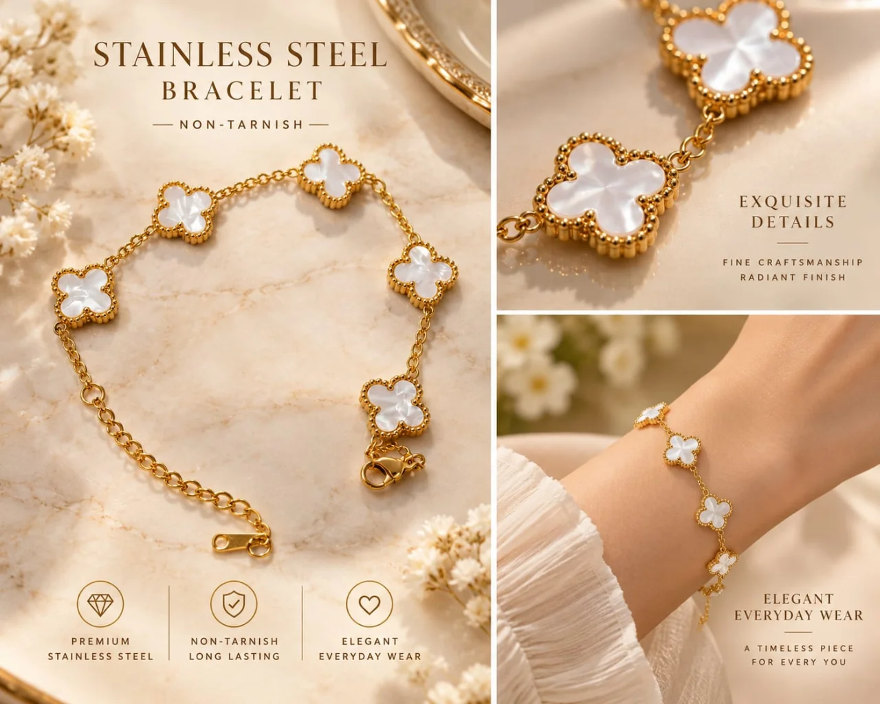 Elegant Stainless Steel Clover Bracelet – Non-Tarnish