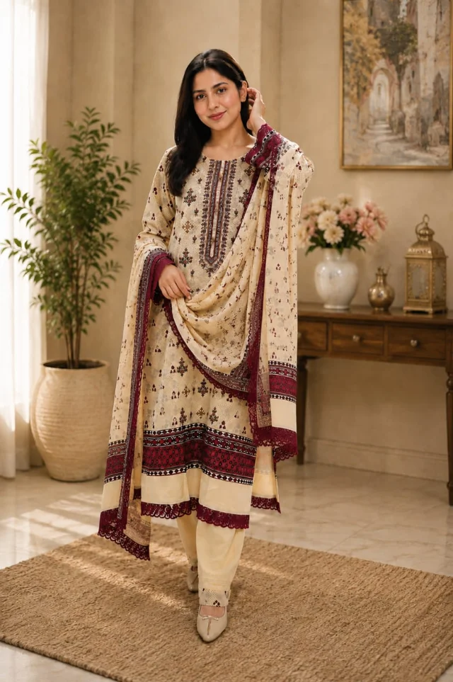Elegant Cream & Maroon Printed Kurta Set with Shawl