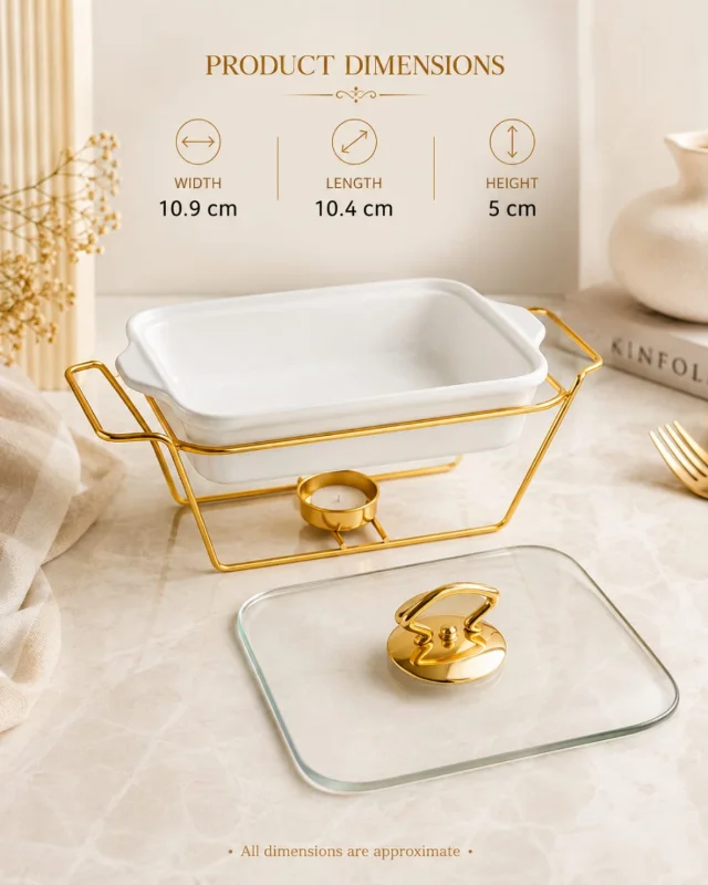 Elegant Ceramic Serving Dish with Gold Warmer Stand