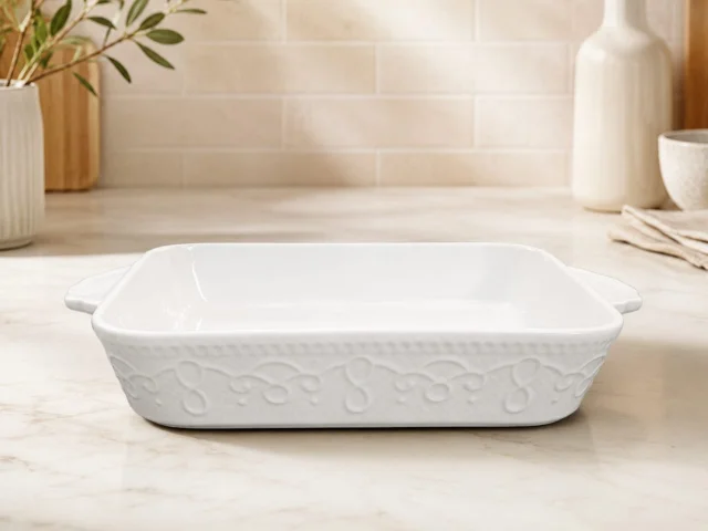 white ceramic rectangular serving and baking dish