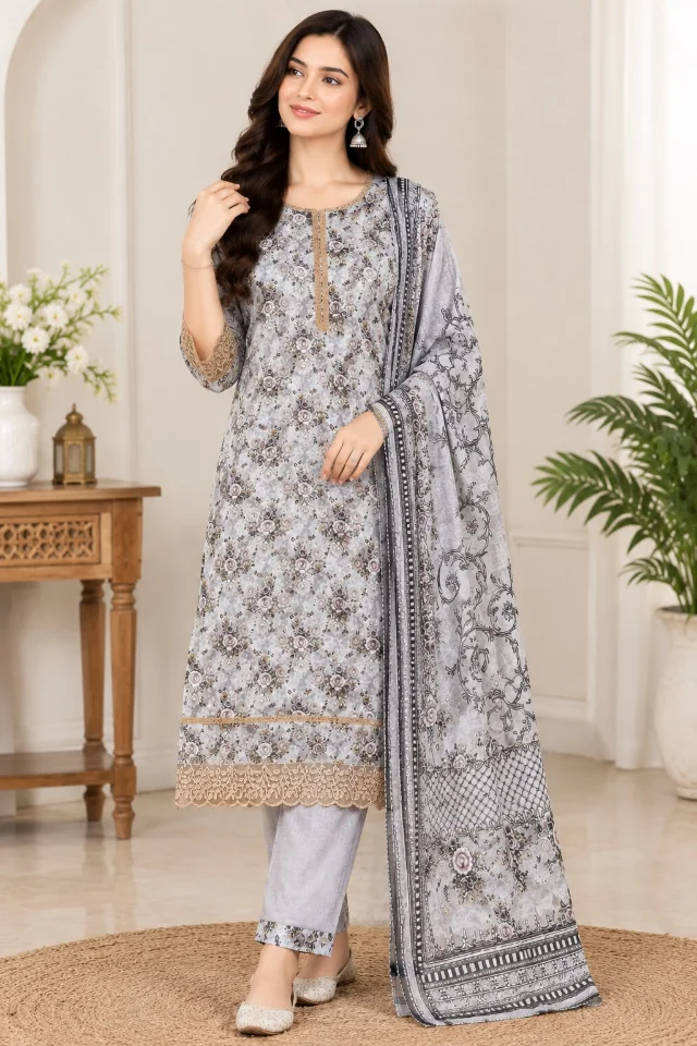 Elegant Floral Lawn 3-Piece Suit