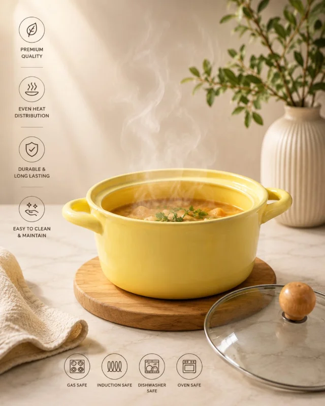 Elegant Yellow Serving Pot with Glass Lid