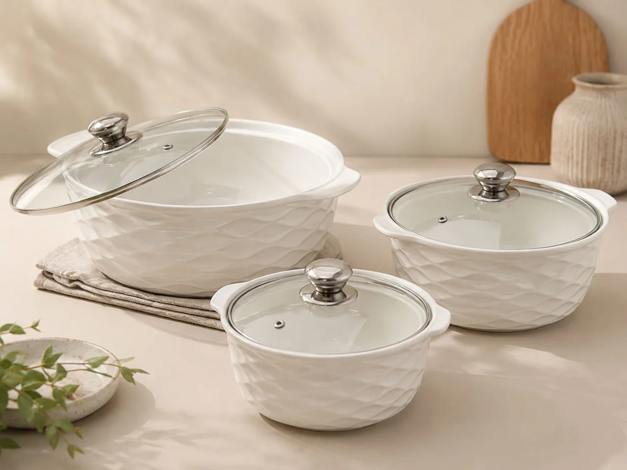 Elegant 3-Piece White Ceramic Casserole Set