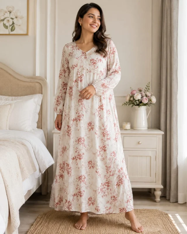 Elegant Free Size Women’s Floral Night Dress / Lounge Dress