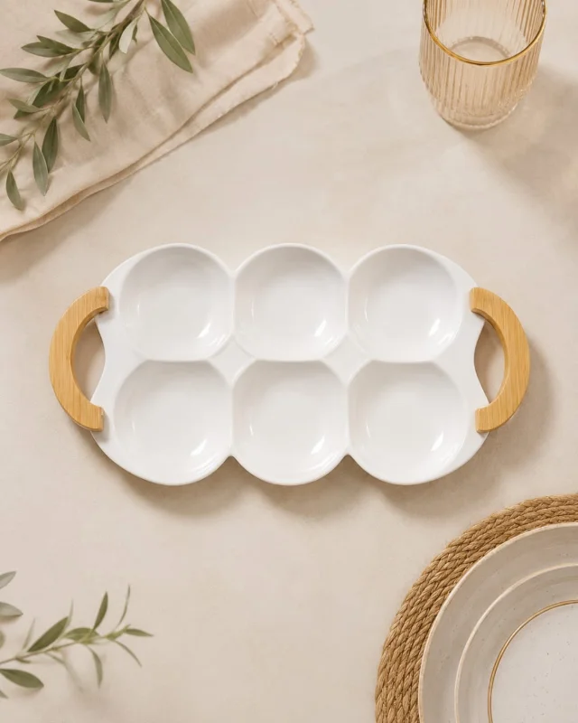 Elegant 6-Section Ceramic Serving Tray with Wooden Handles