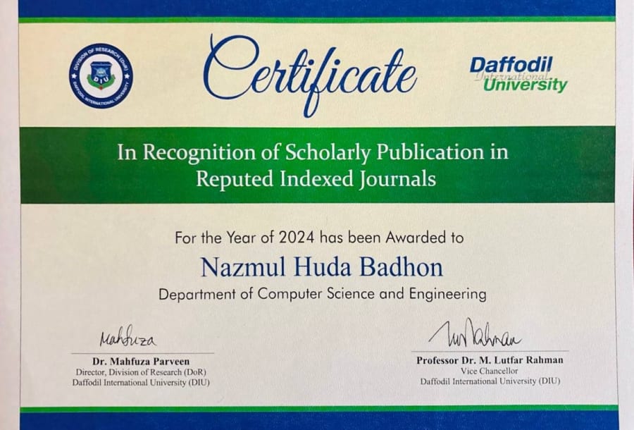 Research award certificate, front