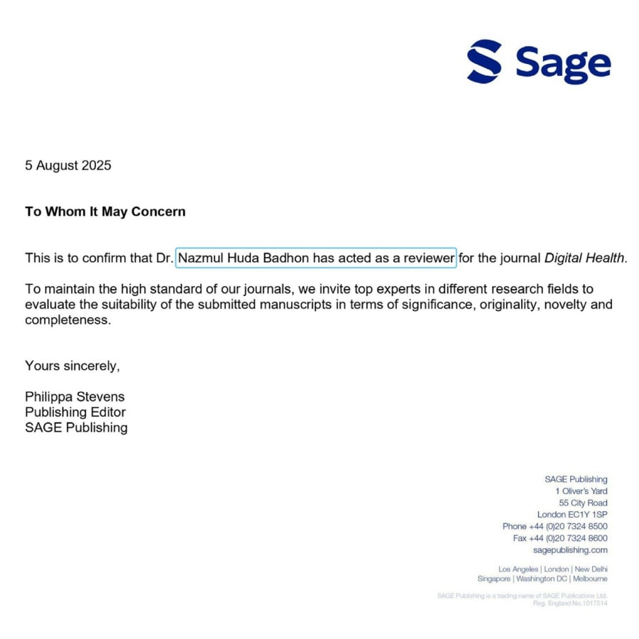 Peer reviewer acknowledgement certificate from SAGE Digital Health