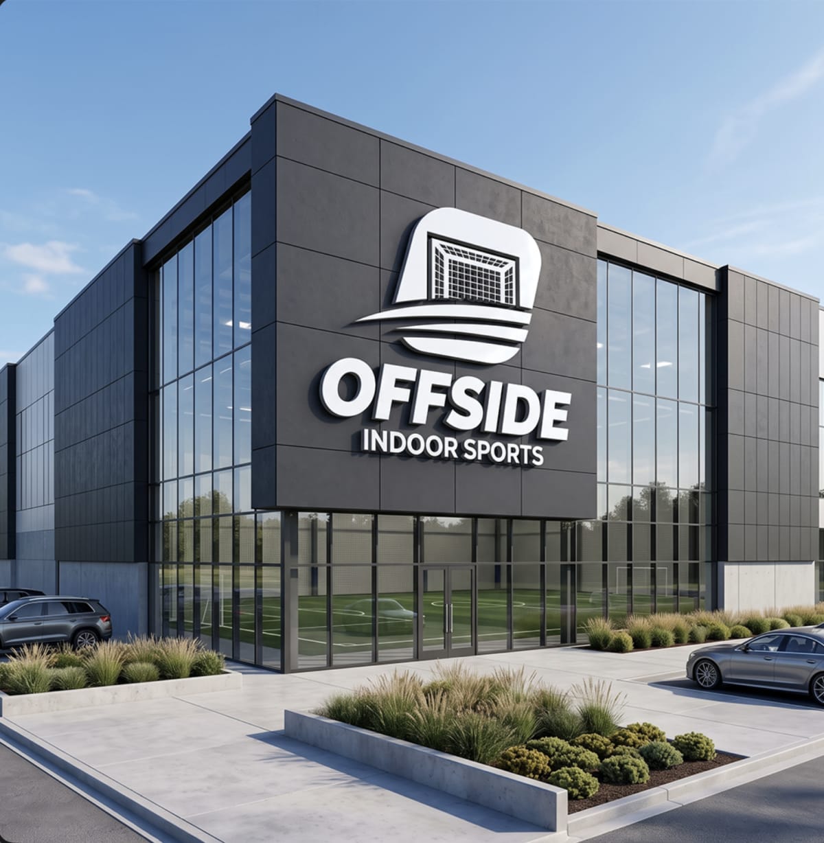 Architectural concept render of an Offside Indoor Sports facility. A grey-clad building with the Offside sign above a glazed entrance