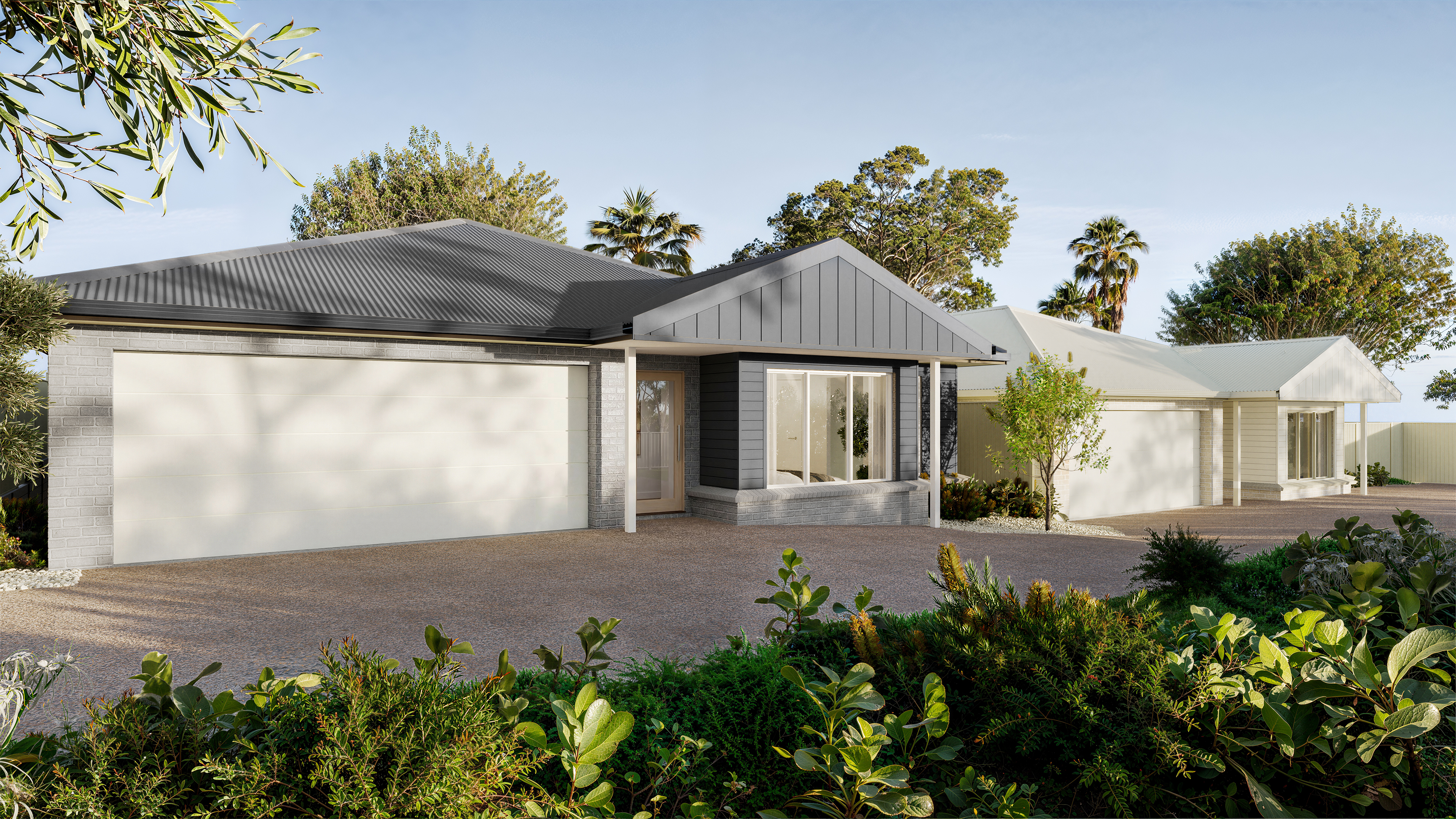 Architectural render of 55 Larbonya Crescent — three contemporary residences at dusk
