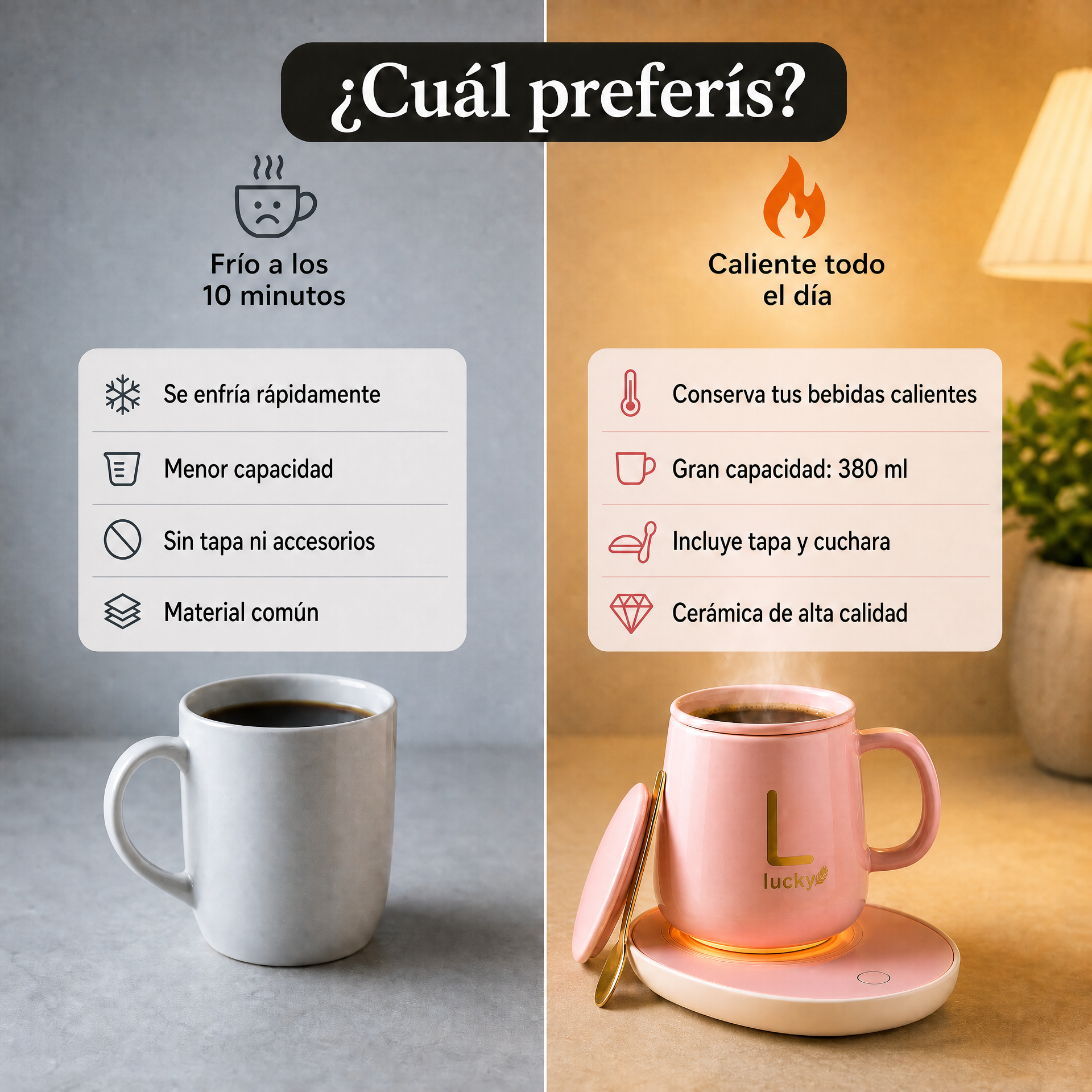 Comparativa: taza com&uacute;n que se enfr&iacute;a a los 10 minutos vs. Combo Coffee que se mantiene caliente todo el d&iacute;a