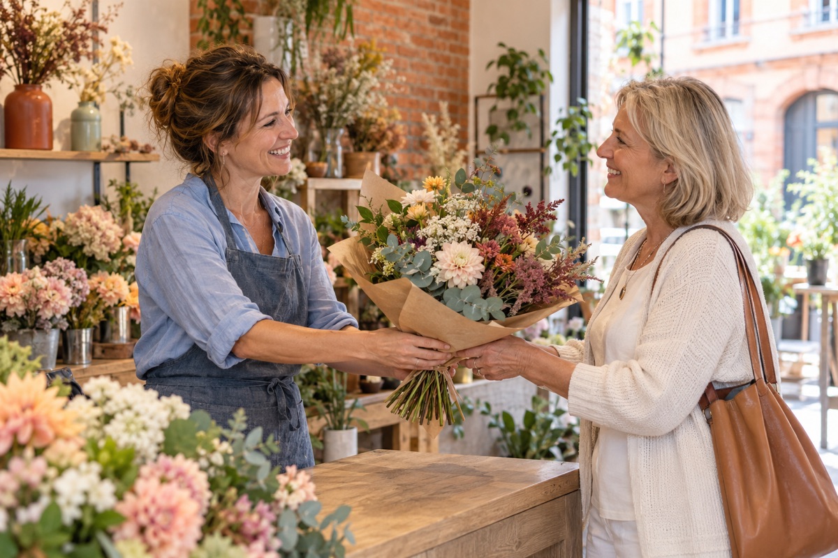 Une fleuriste échange un bouquet avec une cliente dans une boutique lumineuse