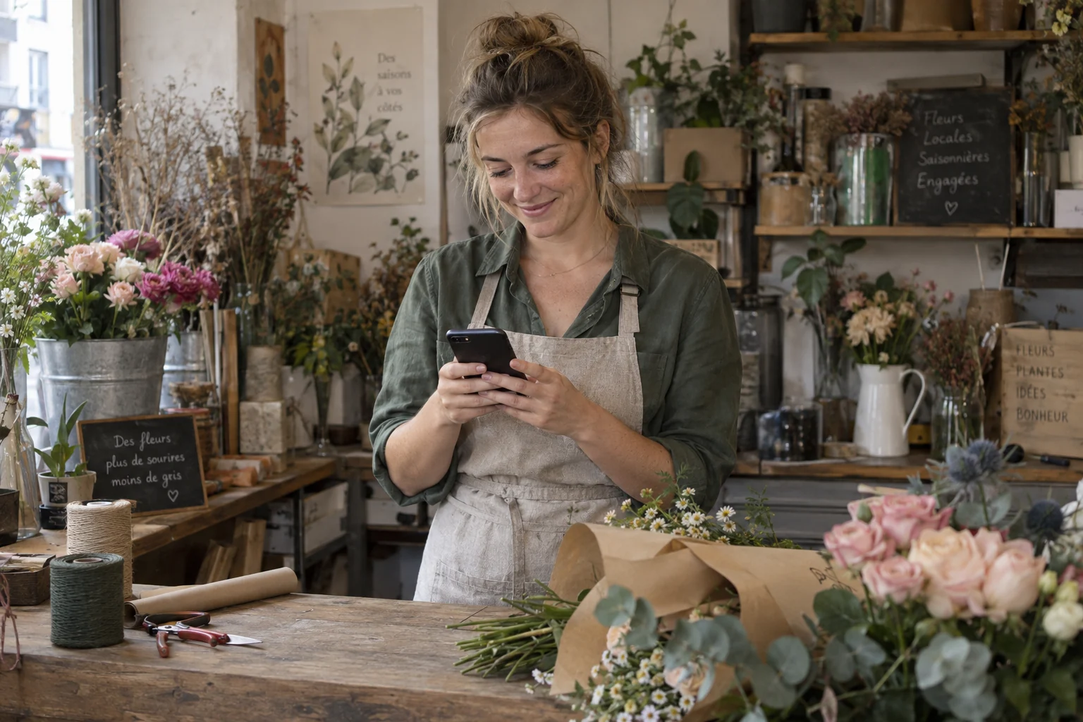 Scène illustrative : une jeune fleuriste dans sa boutique