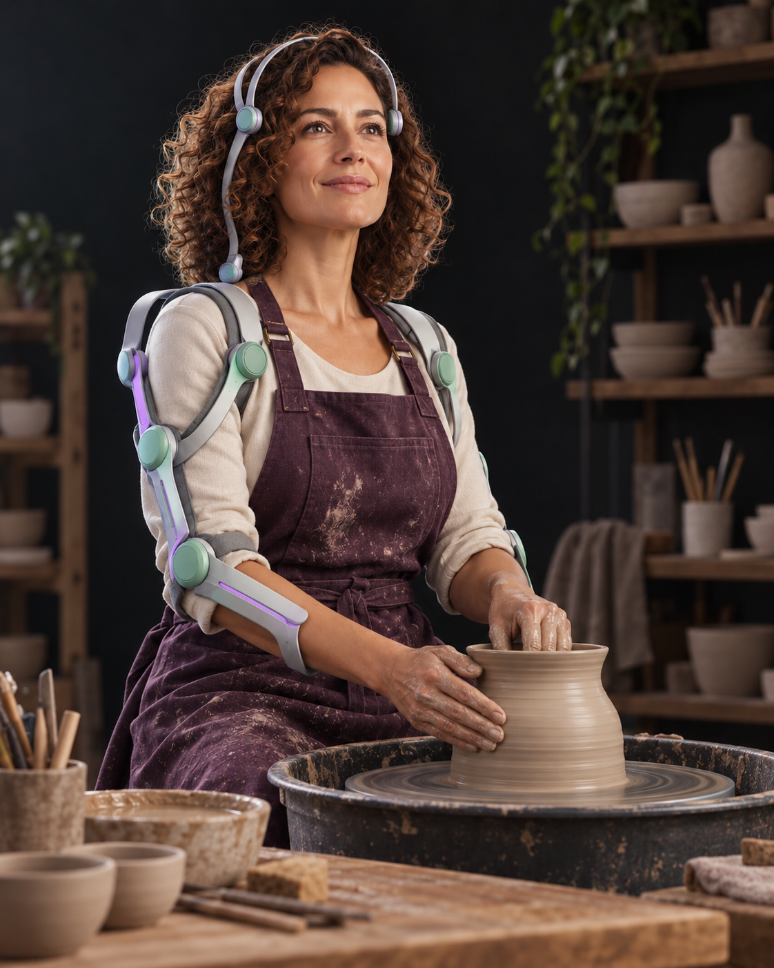 Une artisane céramiste façonne un vase dans son atelier, soutenue par un exosquelette léger autour des bras et du crâne
