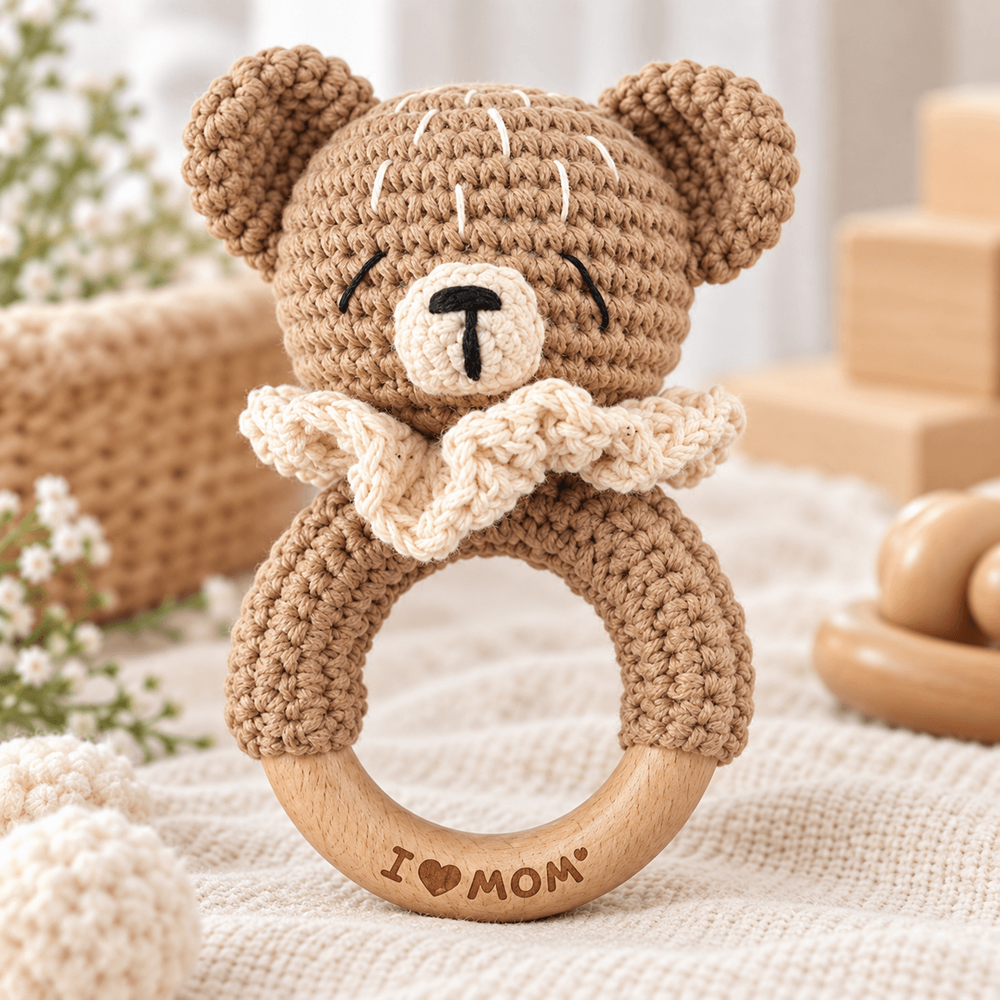 Cardin bear wooden hoop crochet animal rattle
