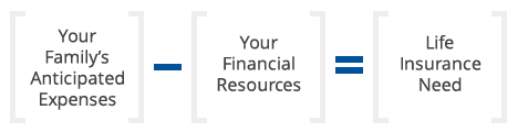 [Your Family’s Anticipated Expenses] – [Your Financial Resources] = Life Insurance Need