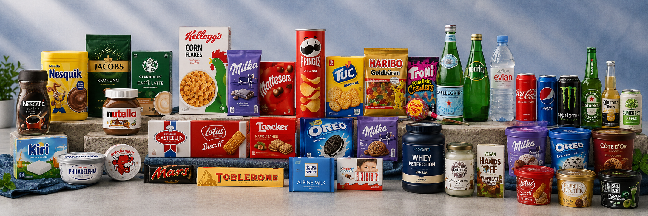 Curated selection of perfumes, groceries, beverages, and chocolates