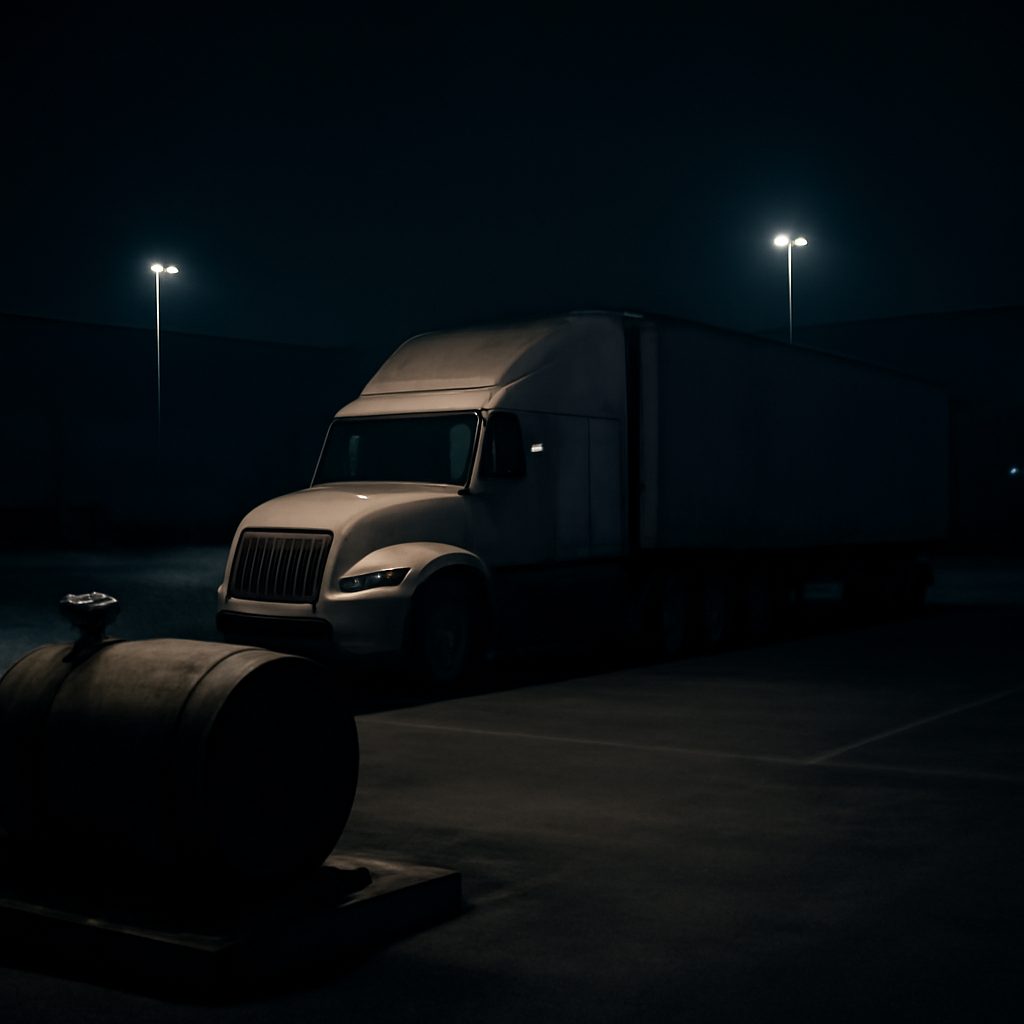 camion garé de nuit sur un parking industriel faiblement éclairé, réservoir de carburant visible au premier plan, ambiance sombre et réaliste