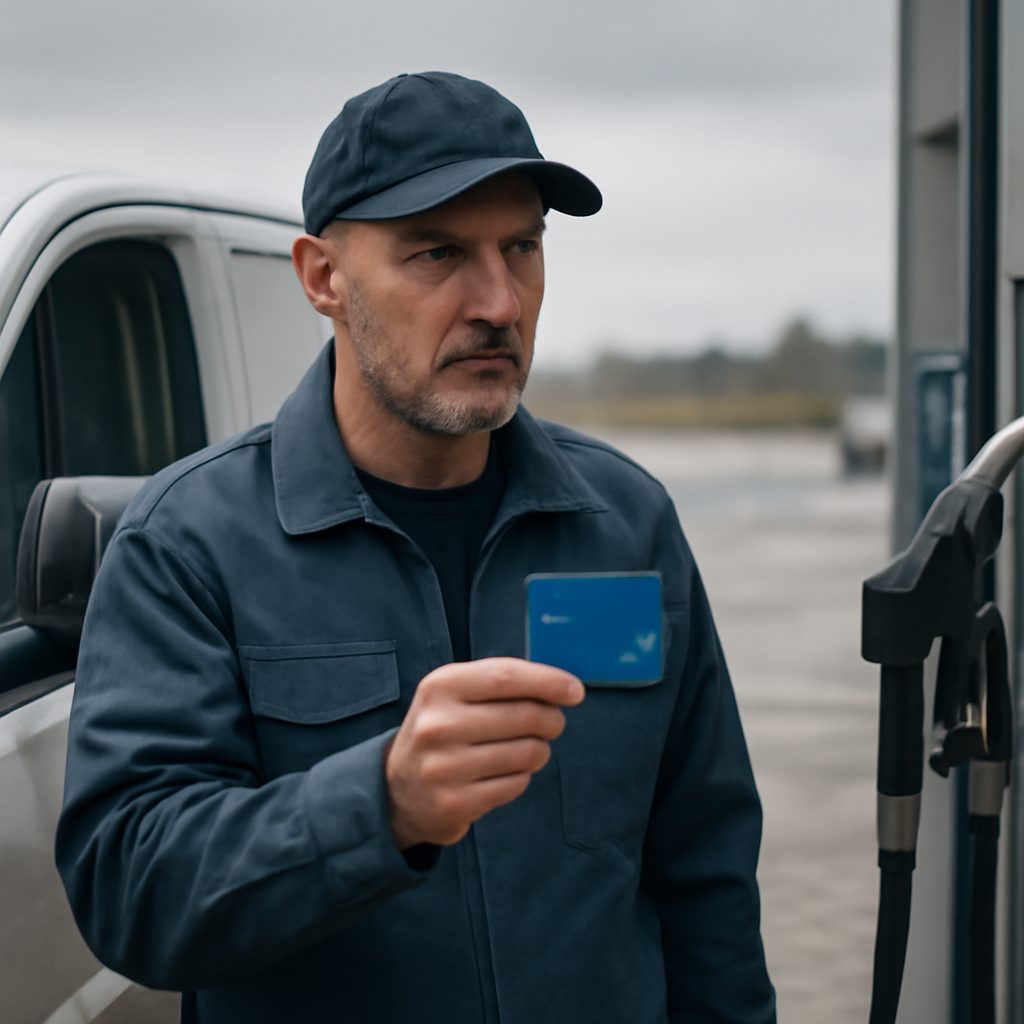 Un conducteur professionnel de camionnette utilitaire tenant une carte de paiement dédiée devant une pompe à carburant, matinée grise, station-service routière