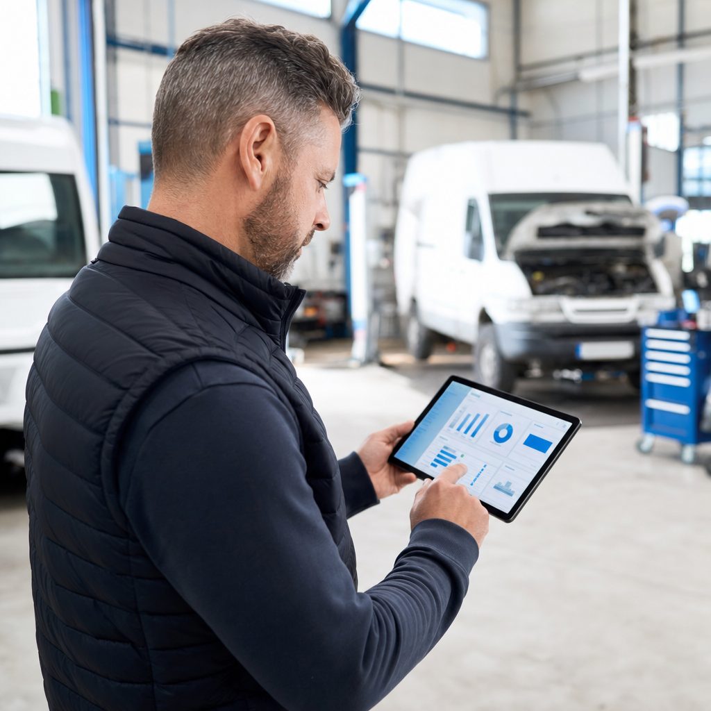 un gestionnaire de flotte consultant un tableau de bord de maintenance sur tablette dans un atelier, éclairage naturel, camionnettes en arrière-plan