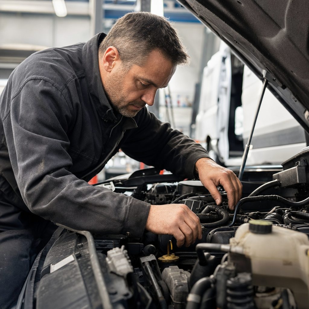 mécanicien en atelier professionnel inspectant le moteur d'un utilitaire de livraison, lumière naturelle d'atelier, ambiance de travail concentrée