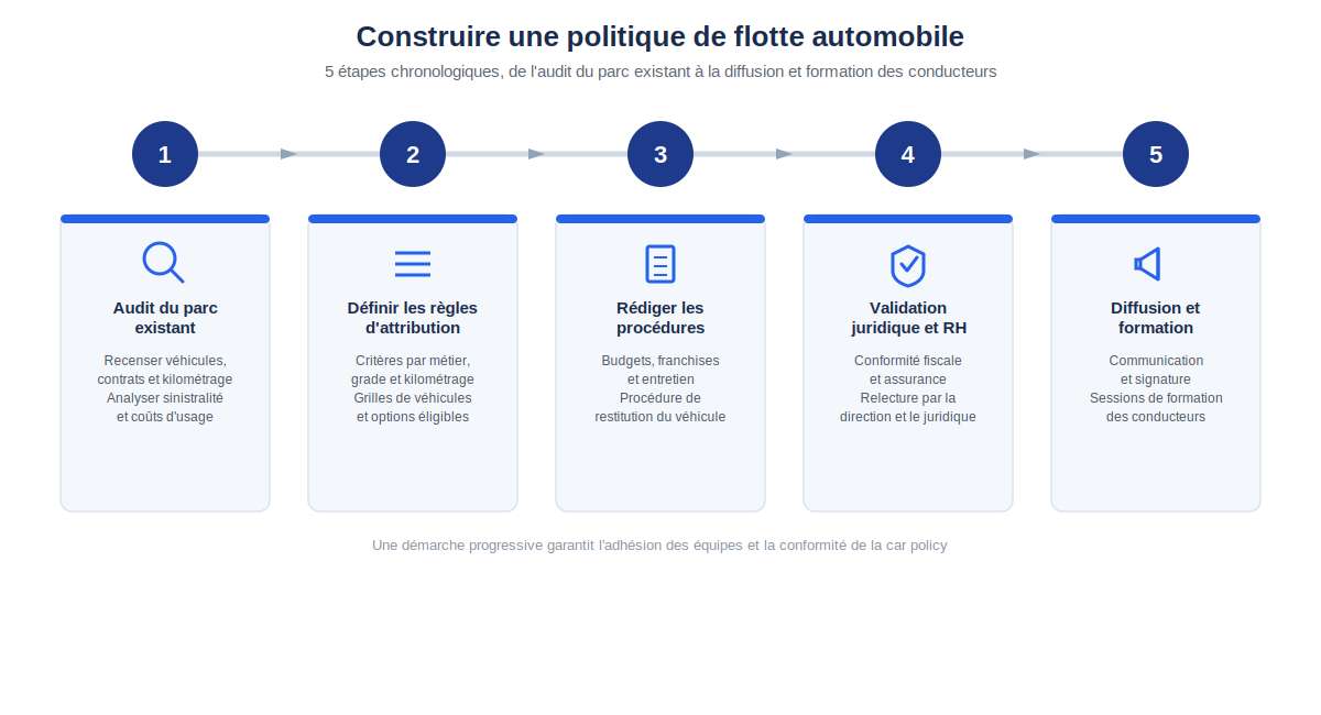 Les 5 étapes chronologiques pour construire une politique de flotte automobile, de l'audit du parc existant à la diffusion et formation des conducteurs