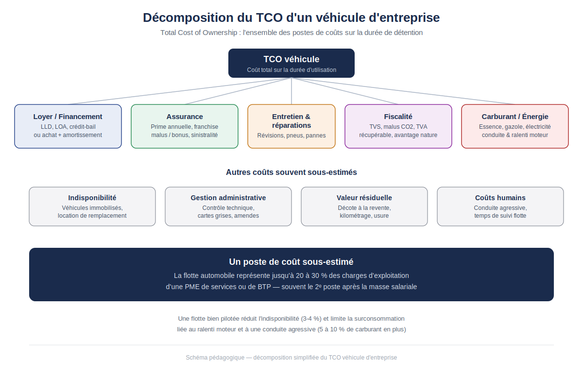 décomposition des postes de coûts qui composent le TCO d'un véhicule d'entreprise, du loyer au carburant en passant par l'assurance et la fiscalité
