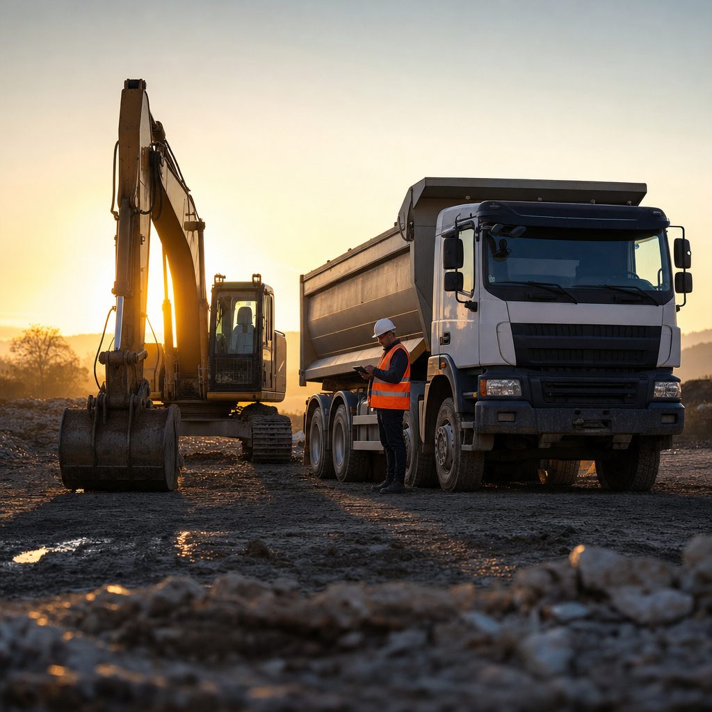 Vue d'un chantier de construction au petit matin, pelle mécanique et camion-benne garés côte à côte, lumière rasante, chef de chantier consultant une tablette près des engins