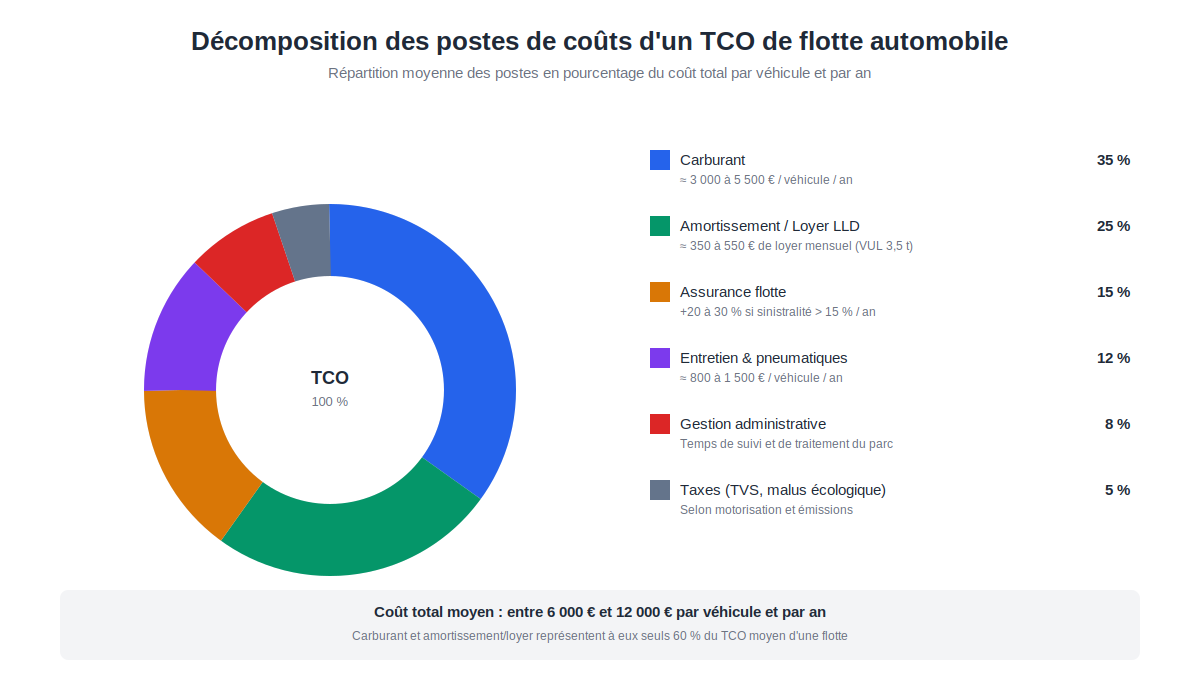 décomposition des postes de coûts d'un TCO de flotte automobile, avec pourcentages moyens par poste
