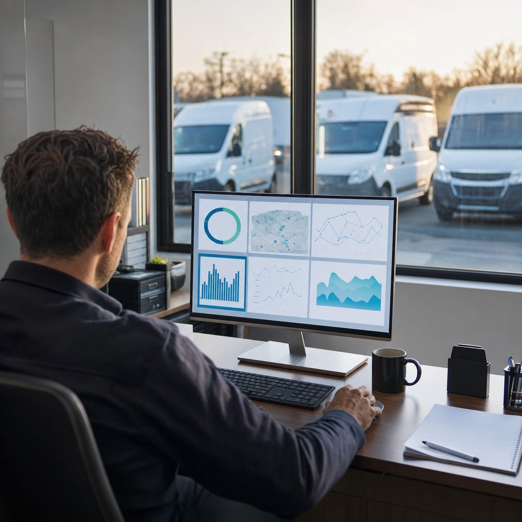 gestionnaire de flotte consultant un tableau de bord sur ordinateur dans un bureau de dépôt, camionnettes visibles à l'arrière-plan par la fenêtre, lumière de fin d'après-midi