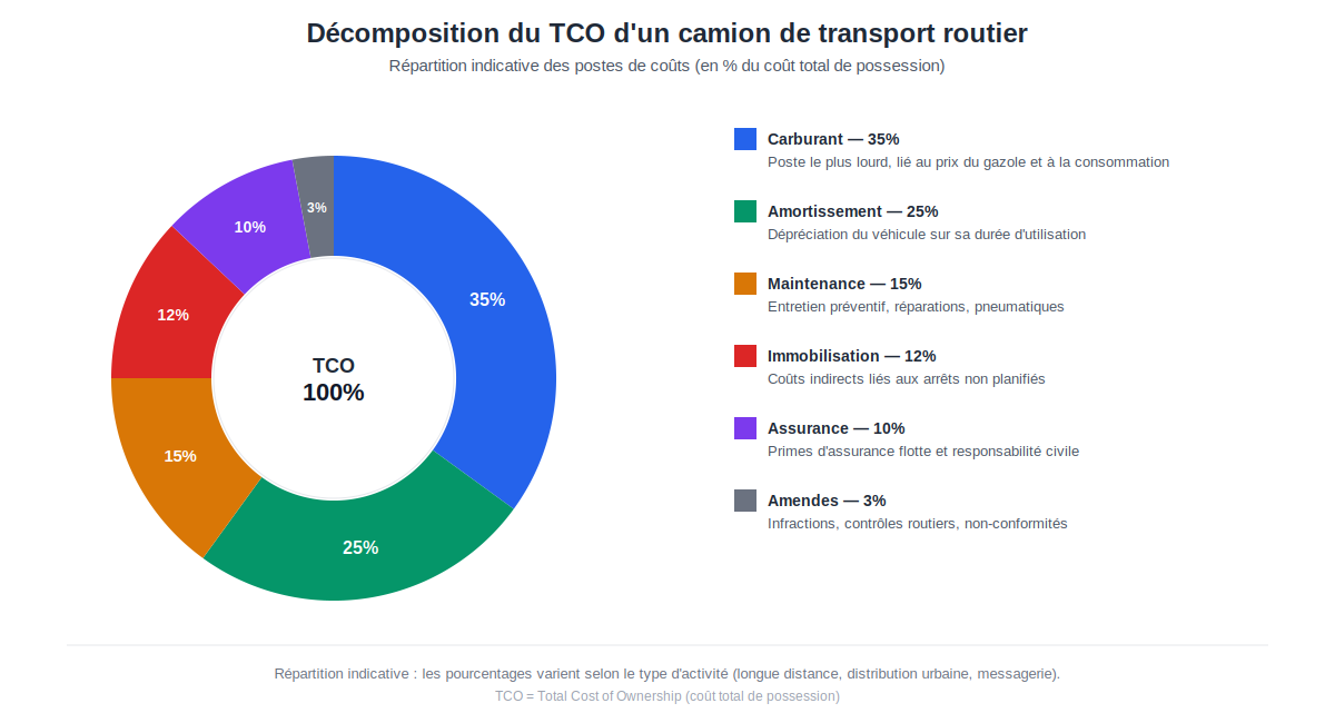 Décomposition du TCO d'un camion de transport routier en postes de coûts (carburant, maintenance, amortissement, assurance, amendes, immobilisation) avec pourcentages indicatifs de chaque poste