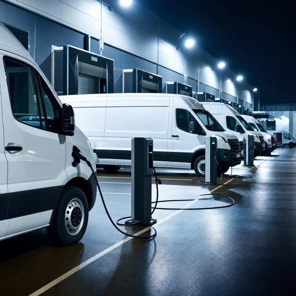 Dépôt logistique de nuit avec plusieurs utilitaires électriques branchés sur des bornes de recharge, éclairage industriel bleuté, câbles au sol, ambiance calme et technique