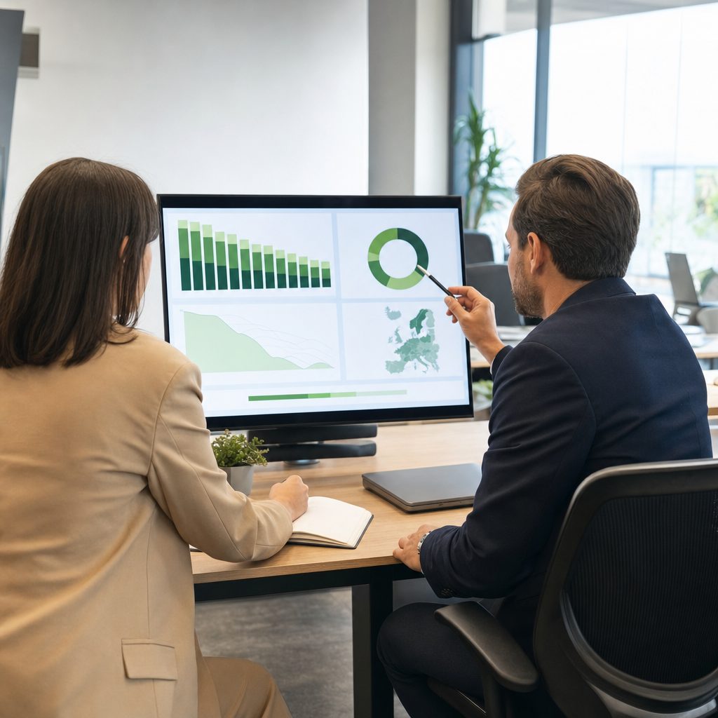 gestionnaire de flotte et responsable achats examinant ensemble un tableau de bord carbone sur écran, dans un bureau lumineux, ambiance professionnelle et concentrée