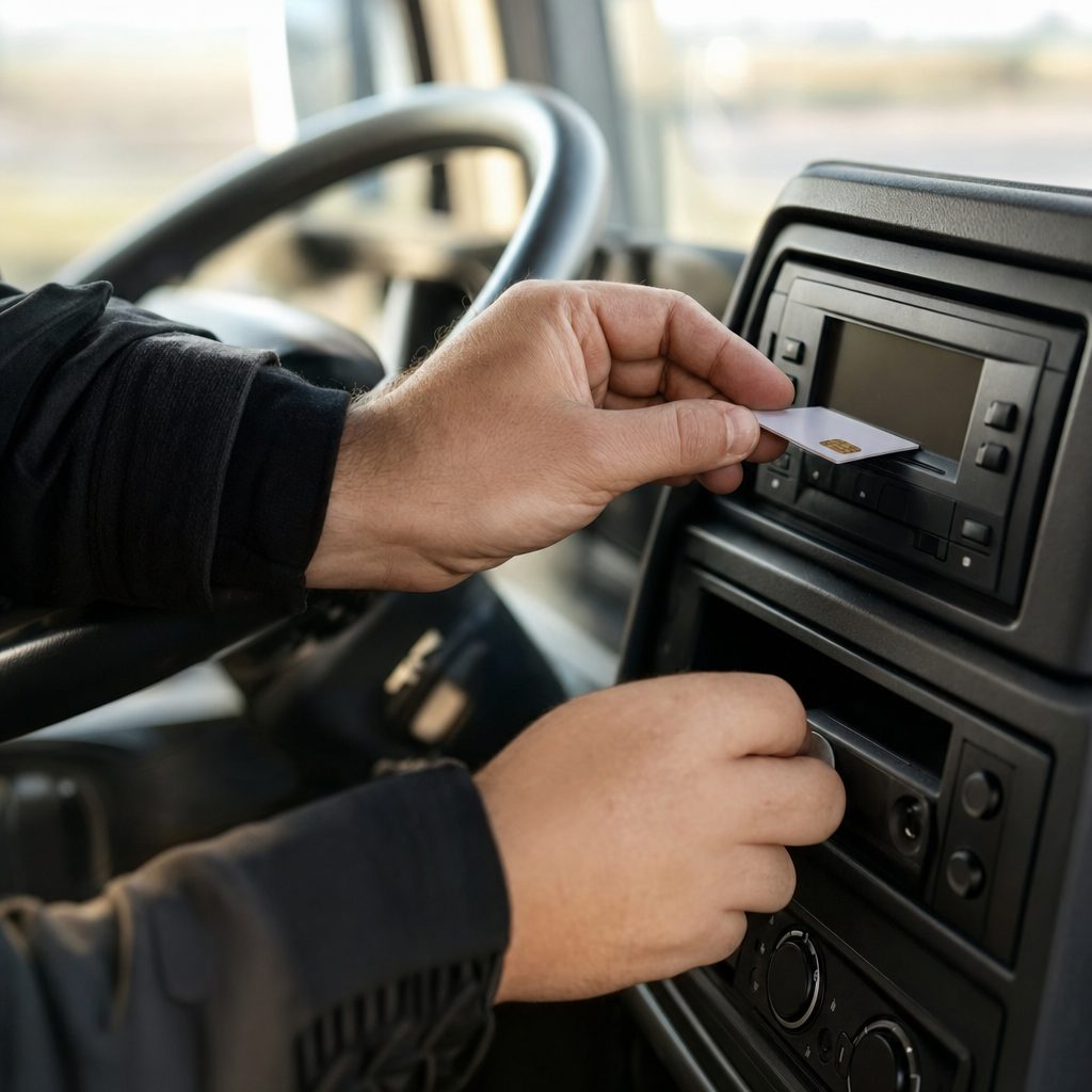 Gros plan sur les mains d'un chauffeur routier insérant une carte à puce dans le lecteur du tachygraphe numérique du tableau de bord d'un camion, lumière naturelle de cabine, ambiance de départ en tournée matinale