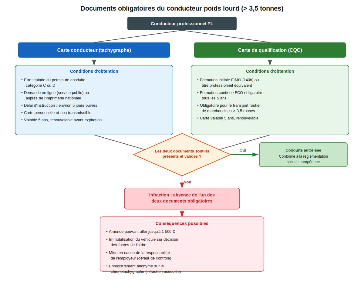Arbre de décision présentant les deux documents obligatoires du conducteur poids lourds, carte conducteur tachygraphe d'un côté et carte de qualification CQC de l'autre, avec leurs conditions d'obtention respectives et le résultat en cas d'absence de l'une ou l'autre