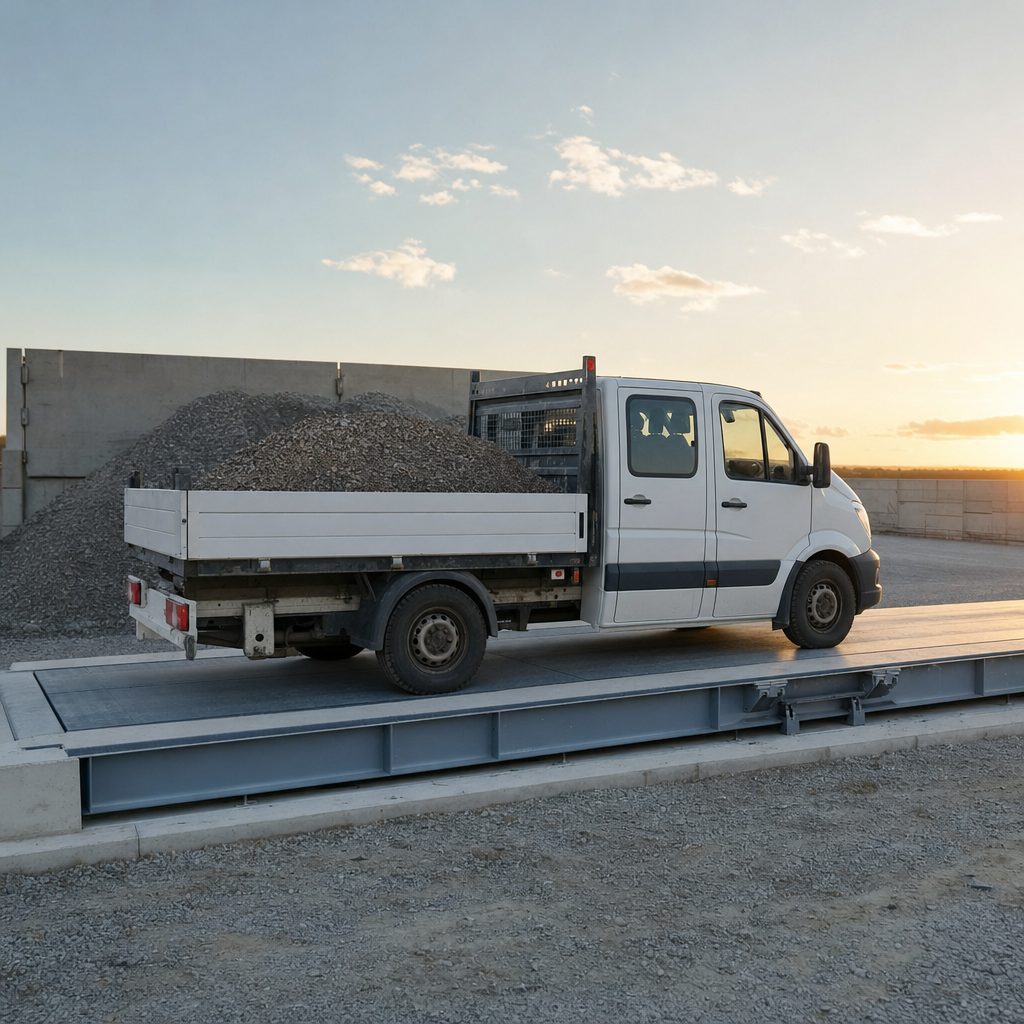 camionnette utilitaire blanche garée sur une station de pesage professionnelle, chargement de matériaux visible à l'arrière, lumière naturelle de fin de journée, ambiance chantier