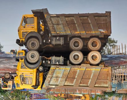 Camion porteur benne garé sur un chantier de construction, poussière et matériaux au sol, lumière de fin de journée, ambiance de travail réelle