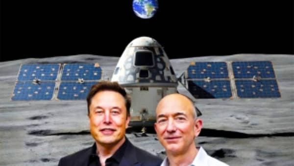 Elon Musk, CEO de Tesla y Space X, y Jeff Bezos, CEO de Amazon, dos personajes clave (y peligrosos) para pisar la Luna en 2028