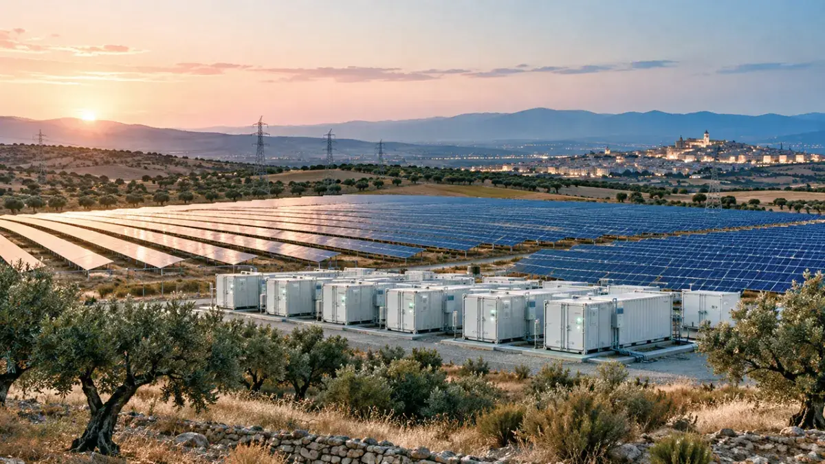 Parque solar con paneles fotovoltaicos y módulos de almacenamiento de energía en contenedores blancos, ubicado en un entorno rural al atardecer frente a colinas y un pueblo en el horizonte.