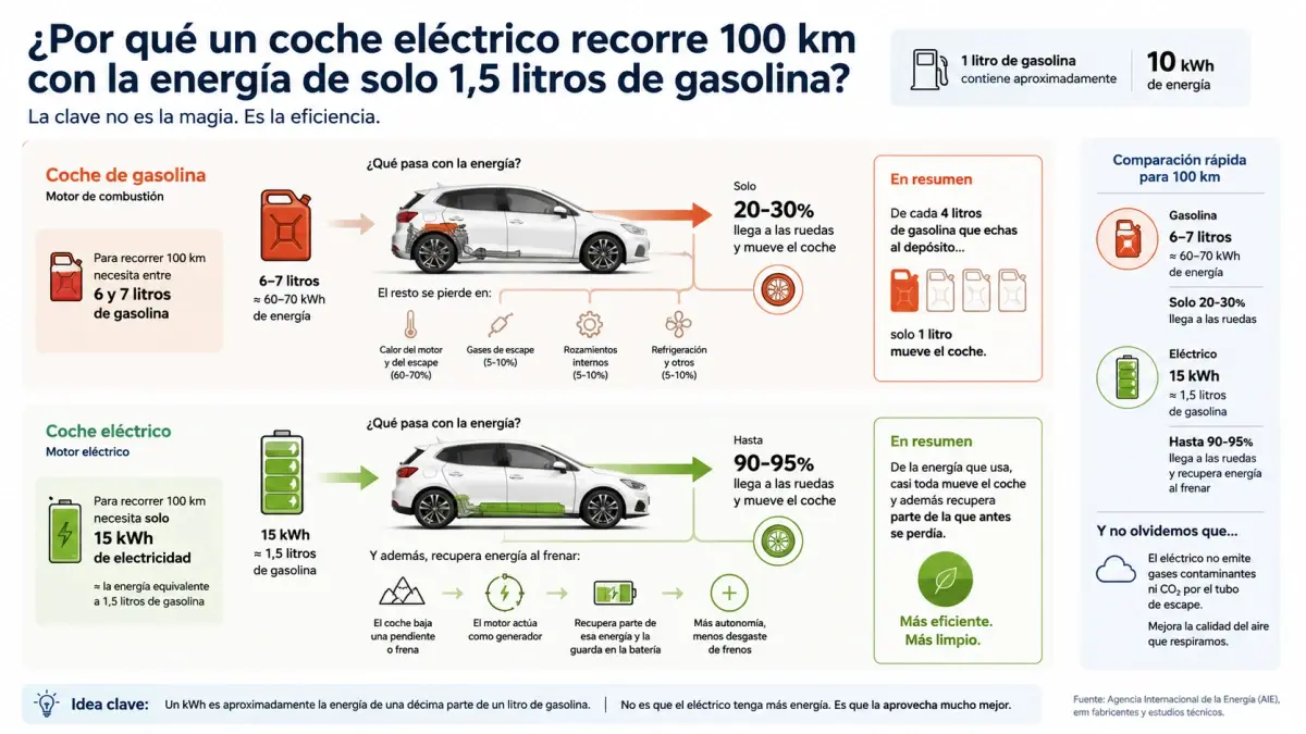 Infografía explicando la eficiencia de un coche de combustión frente a uno eléctrico
