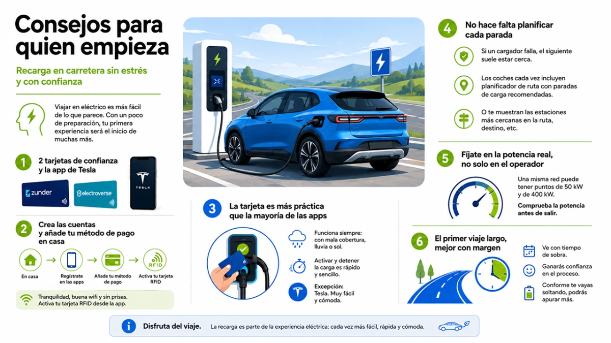 Infografía con consejos para viajar en coche eléctrico.